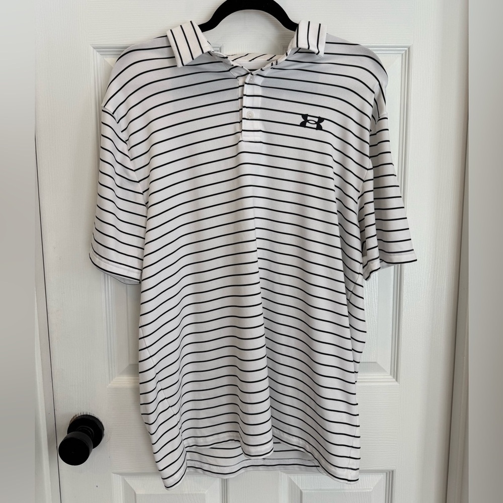Under Armour Shirt Mens XL White Stripe Short Sleeve Playoff Polo